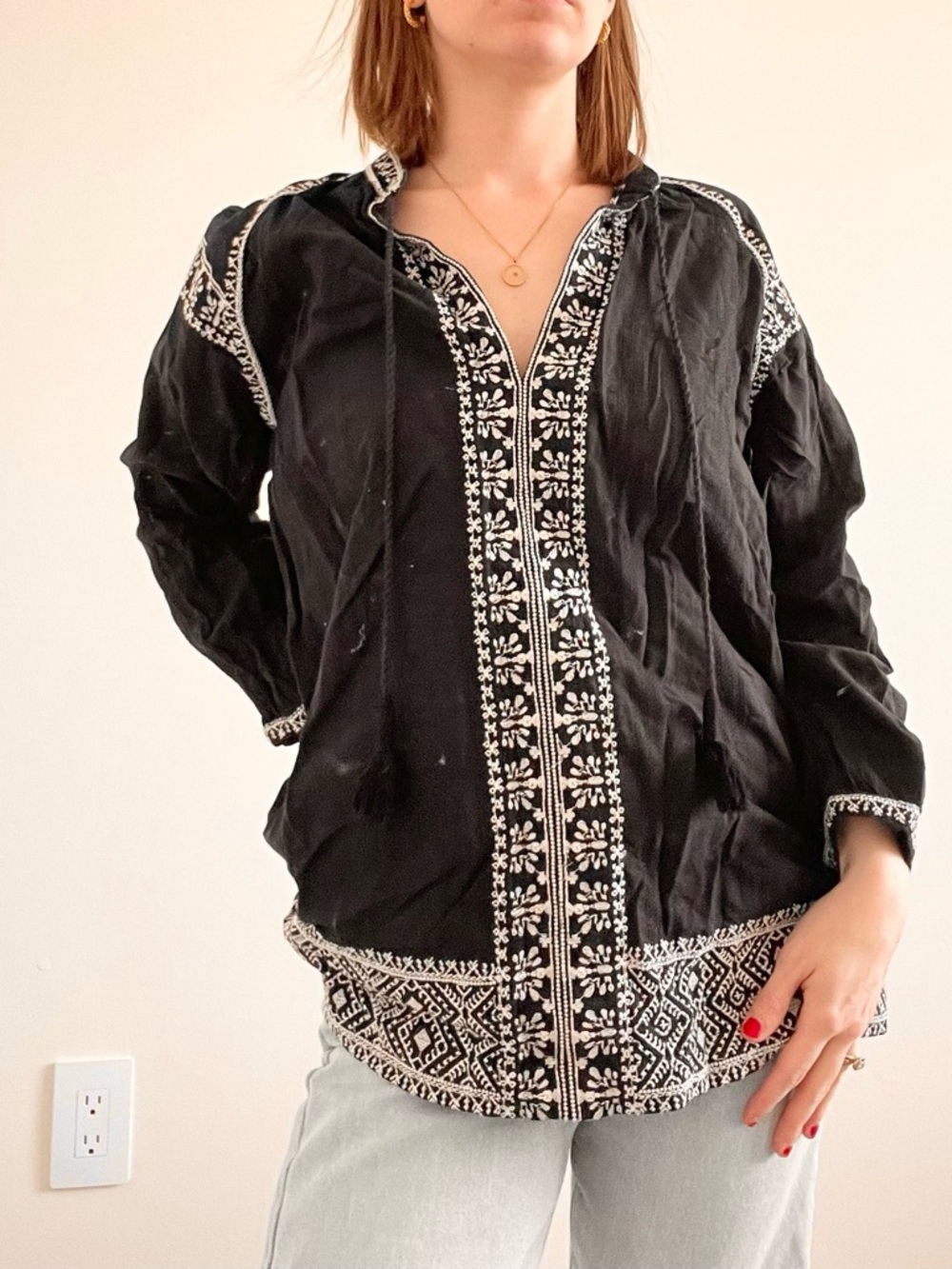 Madewell Black Embroidered Boho Tunic Top